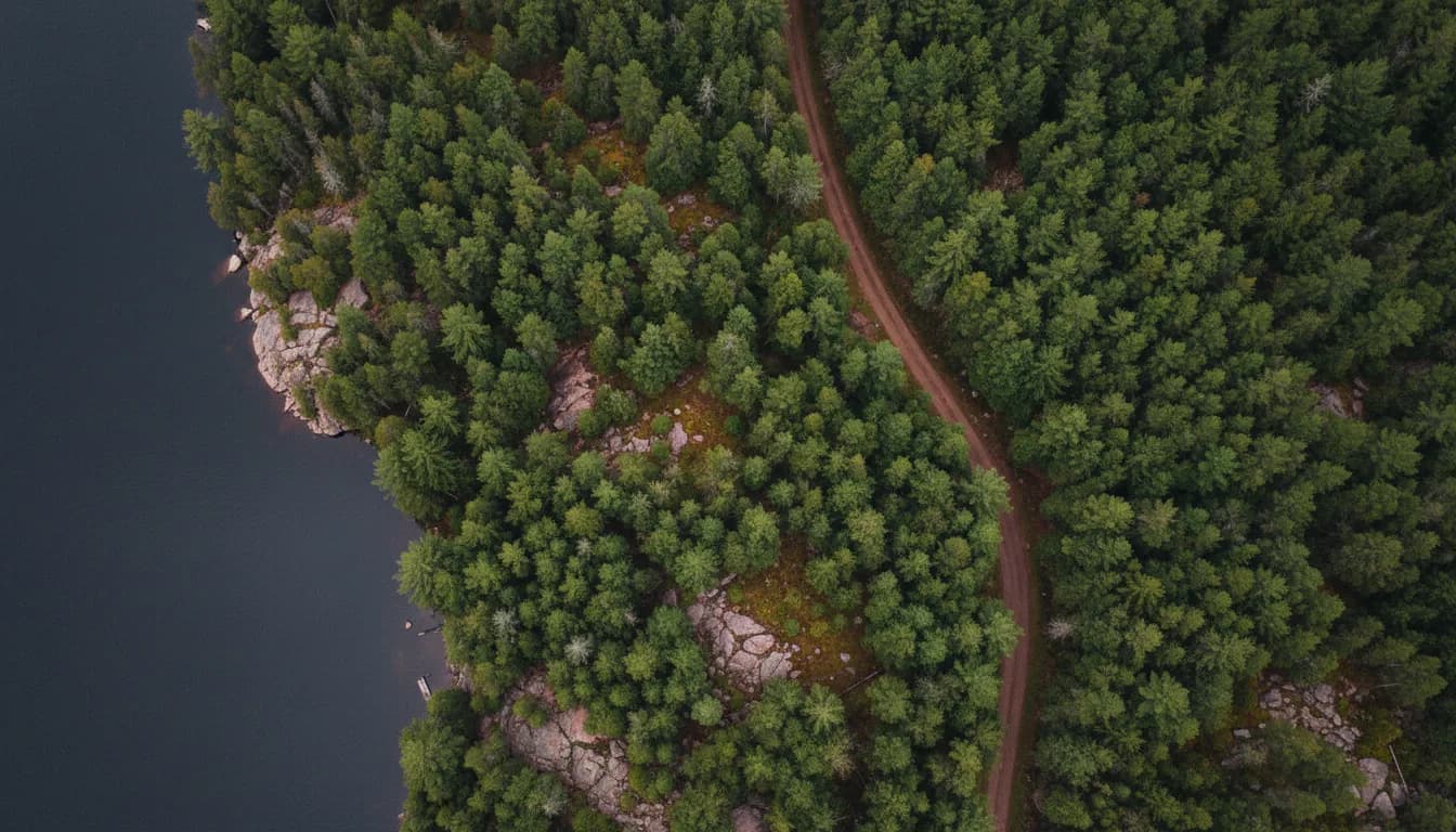 Illustration: aerial view of a Muskoka lakeshore and forest