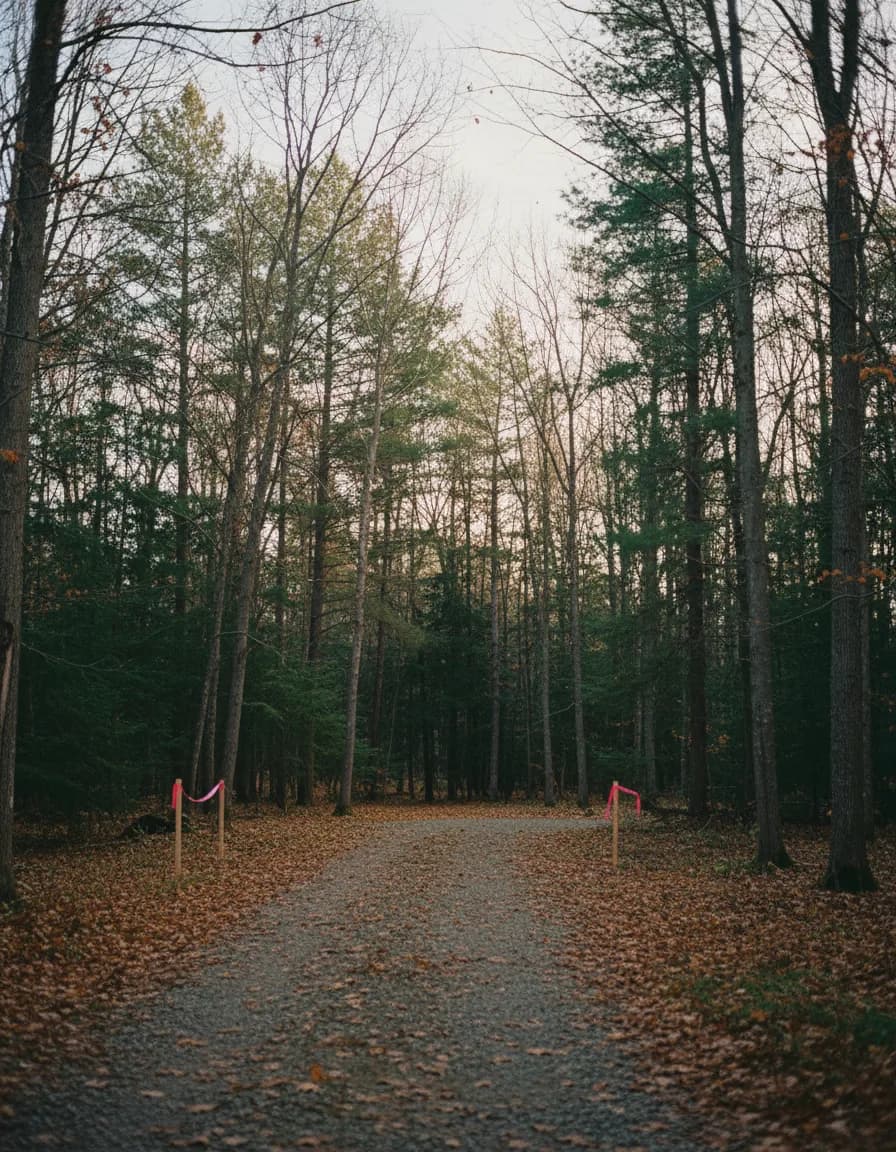 Illustration: a treed rural lot with a gravel drive and survey stakes