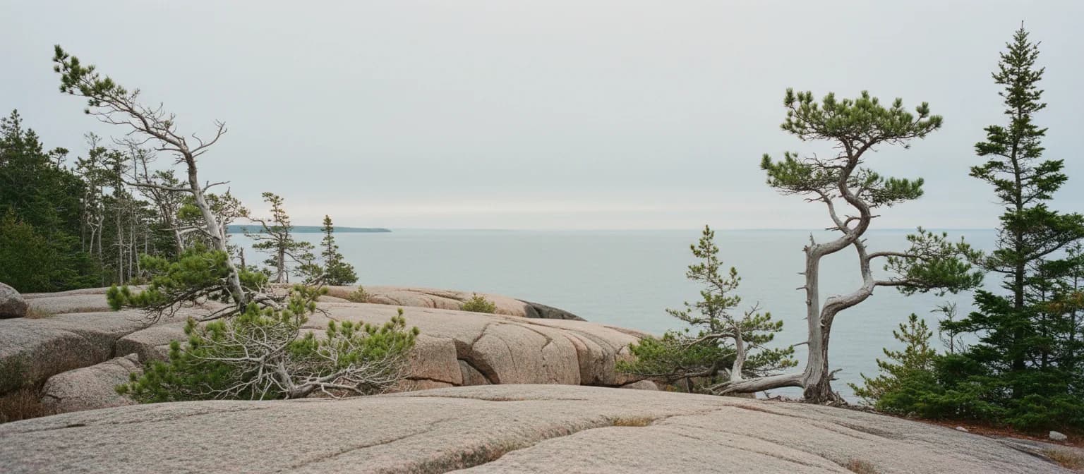 Illustration: granite shoreline and white pines on Georgian Bay